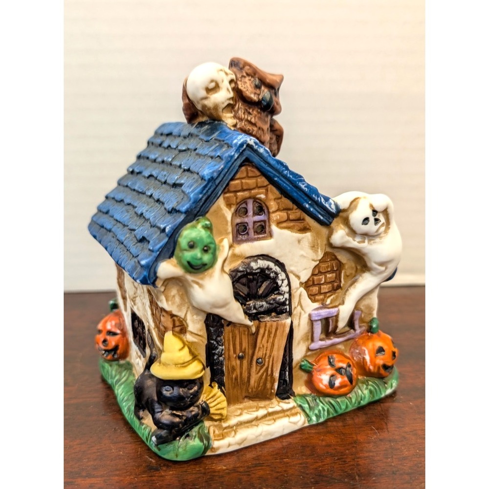 Vintage Halloween Haunted House Ceramic Candle Holder Owl Ghosts Pumpkins Taiwan